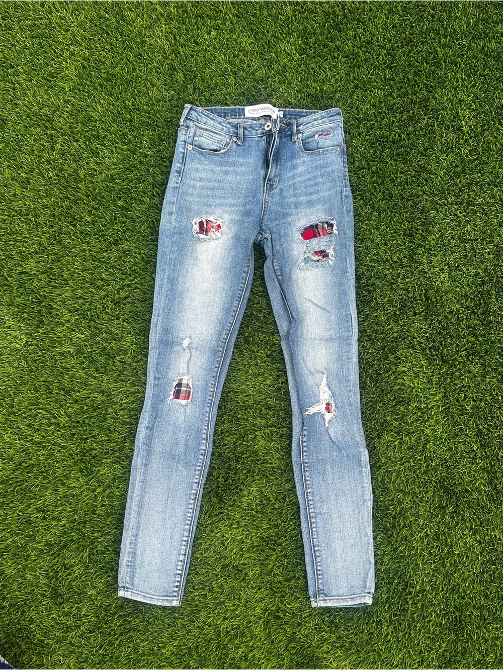 Gypsy Warrior Size 3 Plaid Patch Distressed Skinny Jeans